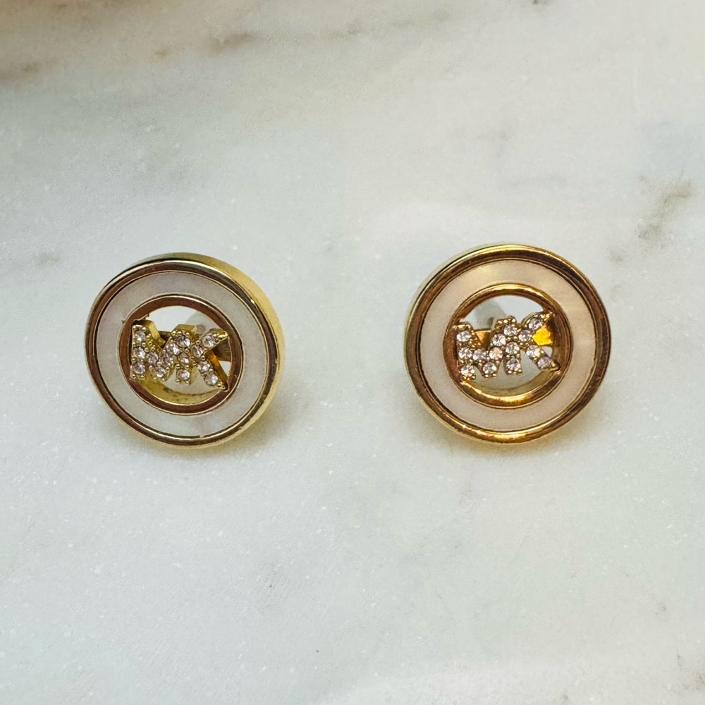 NWOT Michael Kors Gold Toned-Mother of Pearl pave logo and Silver Stud Earrings - Picture 3 of 4